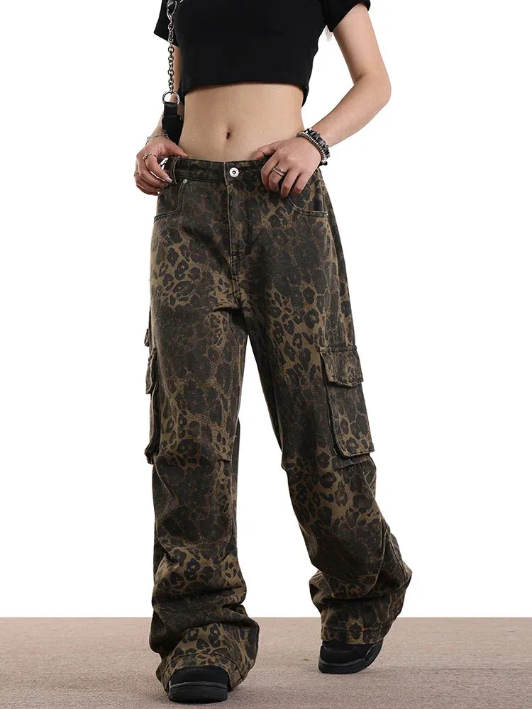 Leopard Print Pockets High Waist Wide Leg Jeans