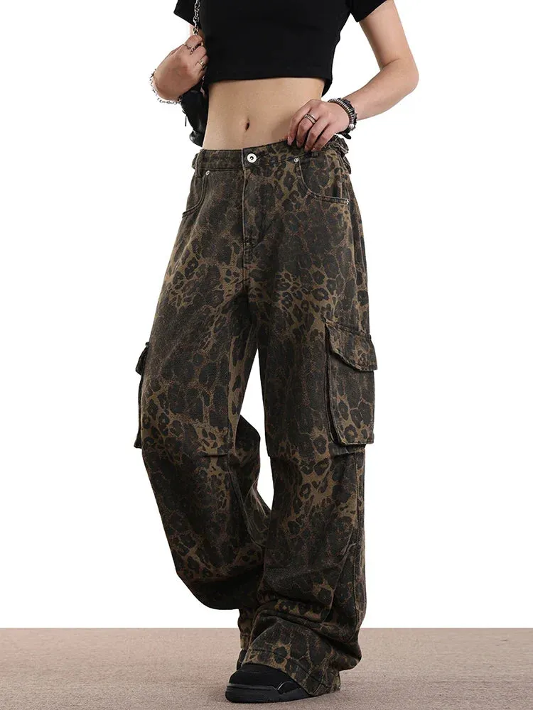 Leopard Print Pockets High Waist Wide Leg Jeans