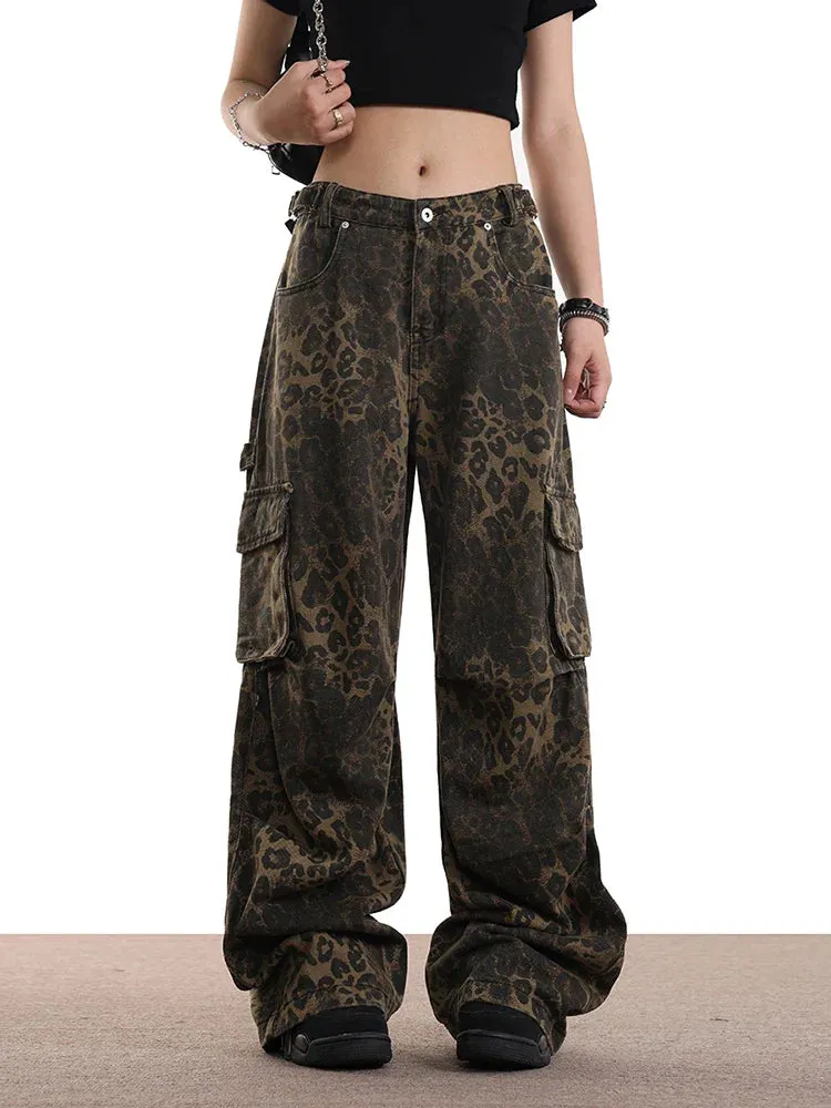 Leopard Print Pockets High Waist Wide Leg Jeans