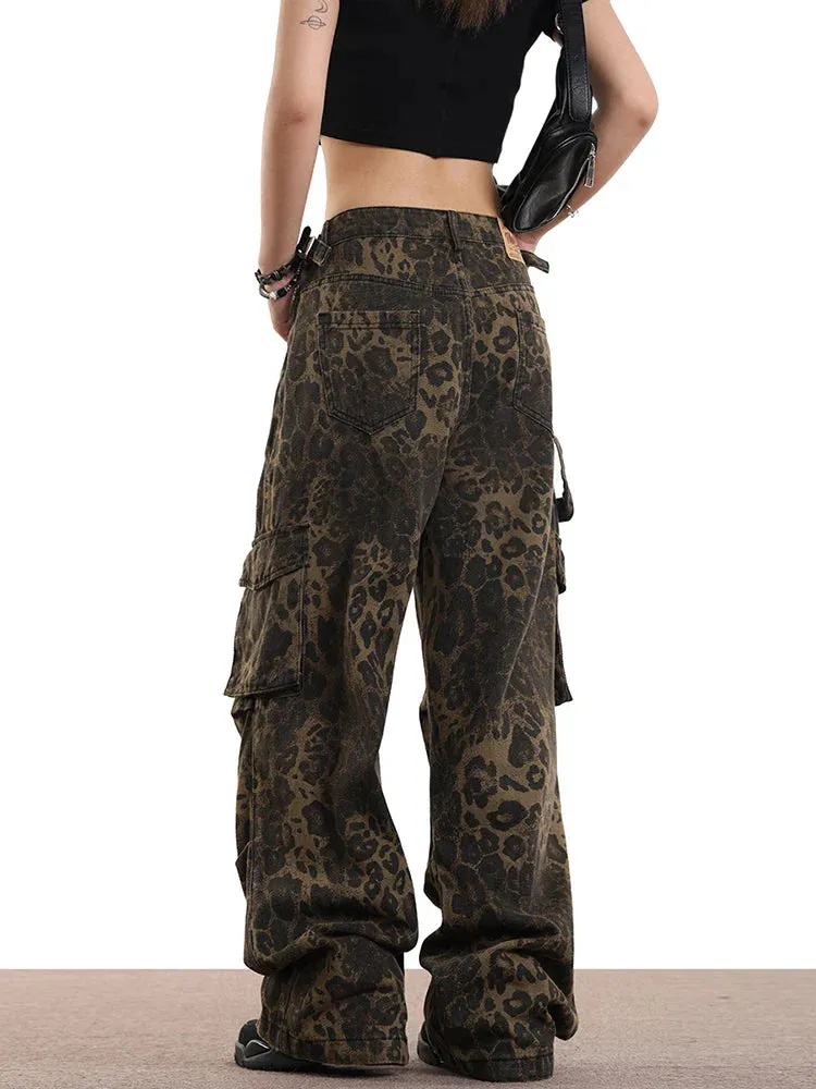 Leopard Print Pockets High Waist Wide Leg Jeans