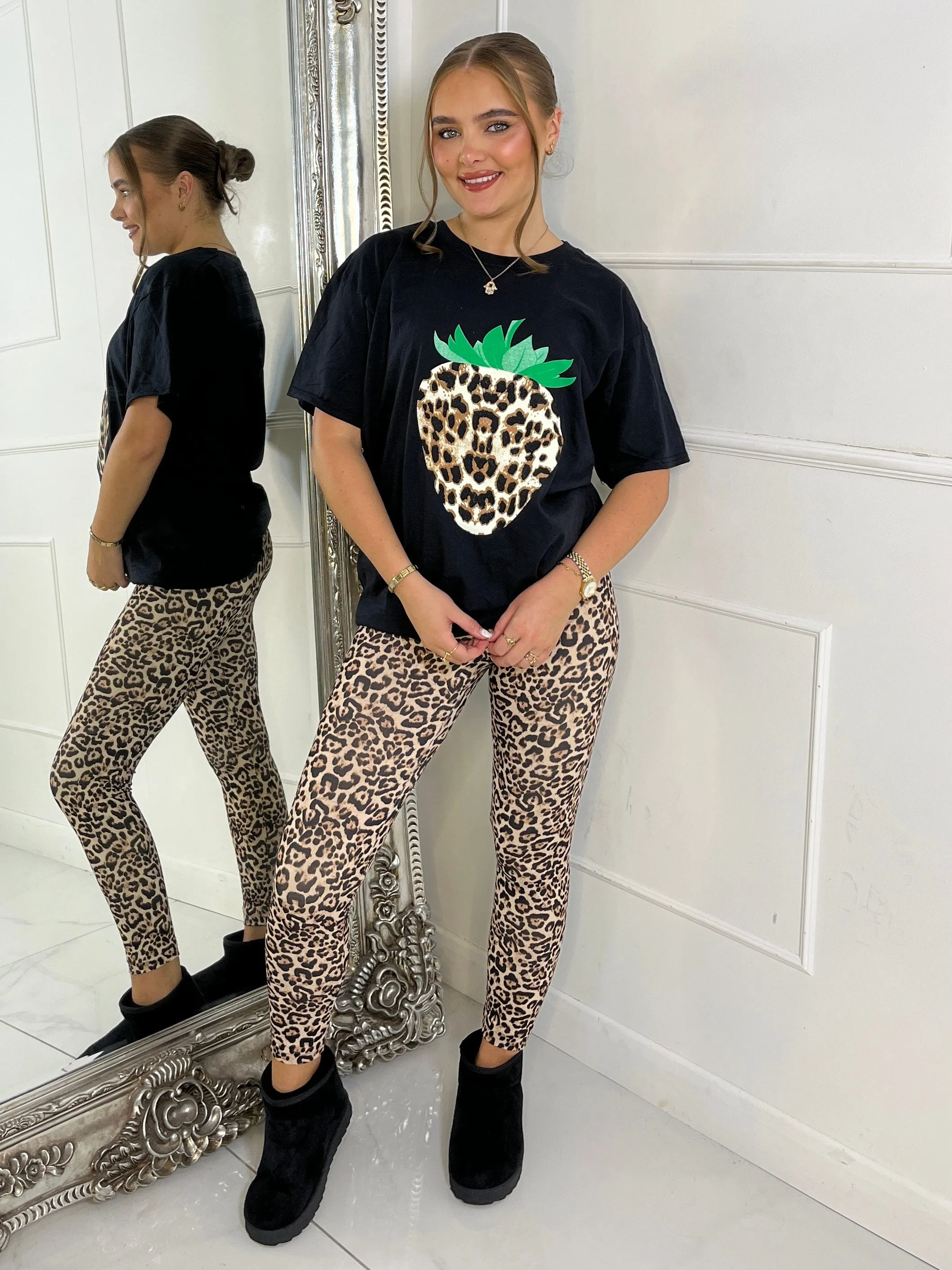 Leopard Print Strawberry Oversized T-Shirt - Black