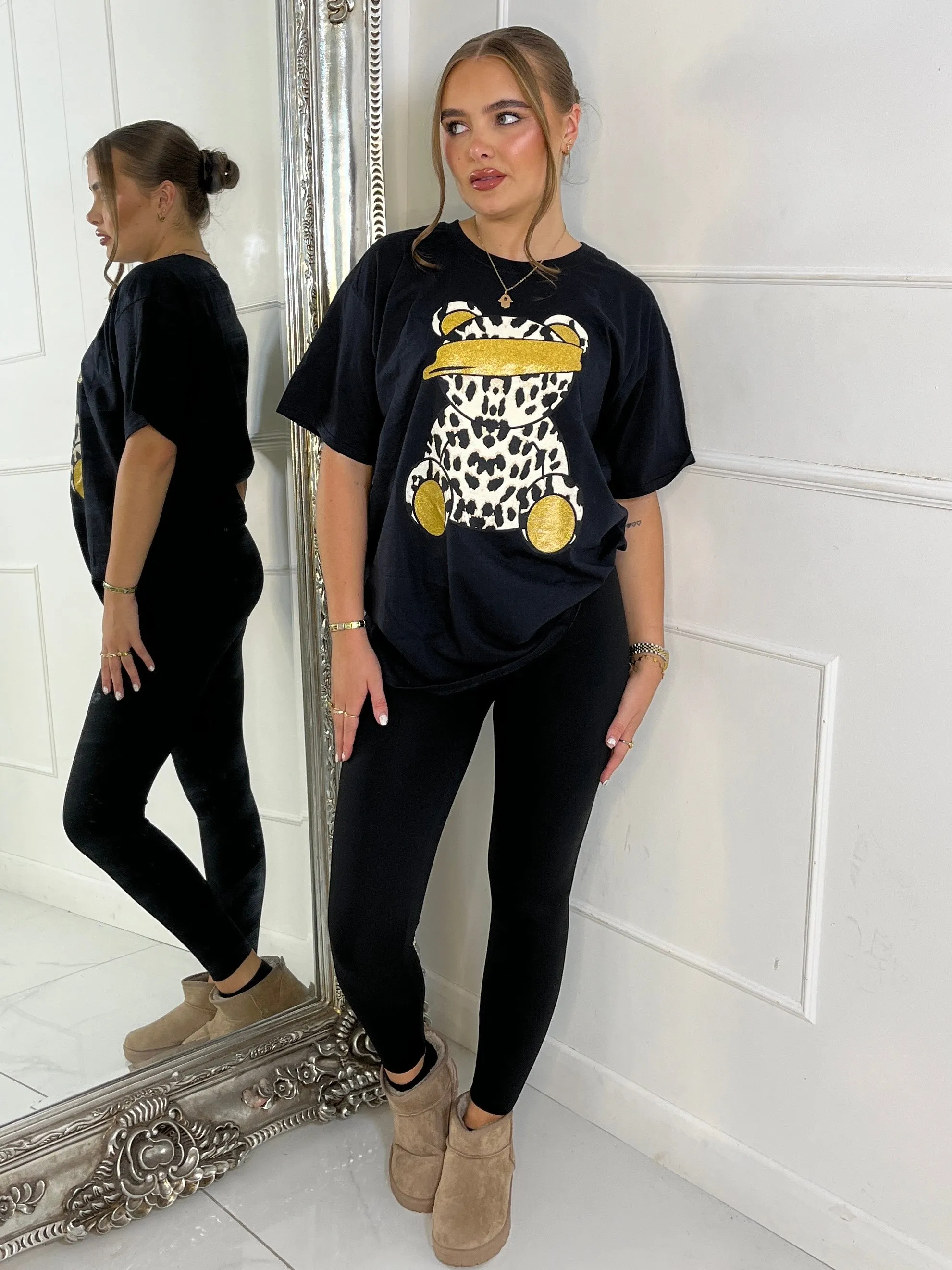 Leopard Print Teddy Oversized T-Shirt - Black