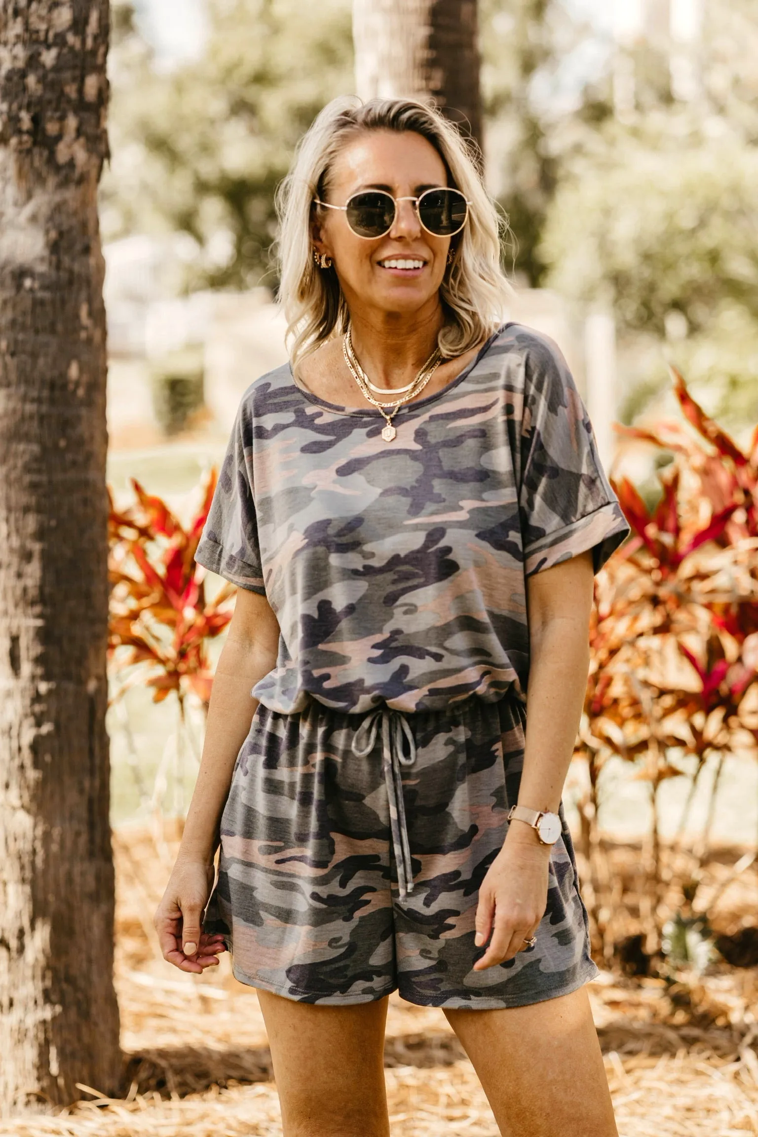 Let Me Loose Short Sleeve Drawstring Waist Tee Shirt Romper in Camouflage