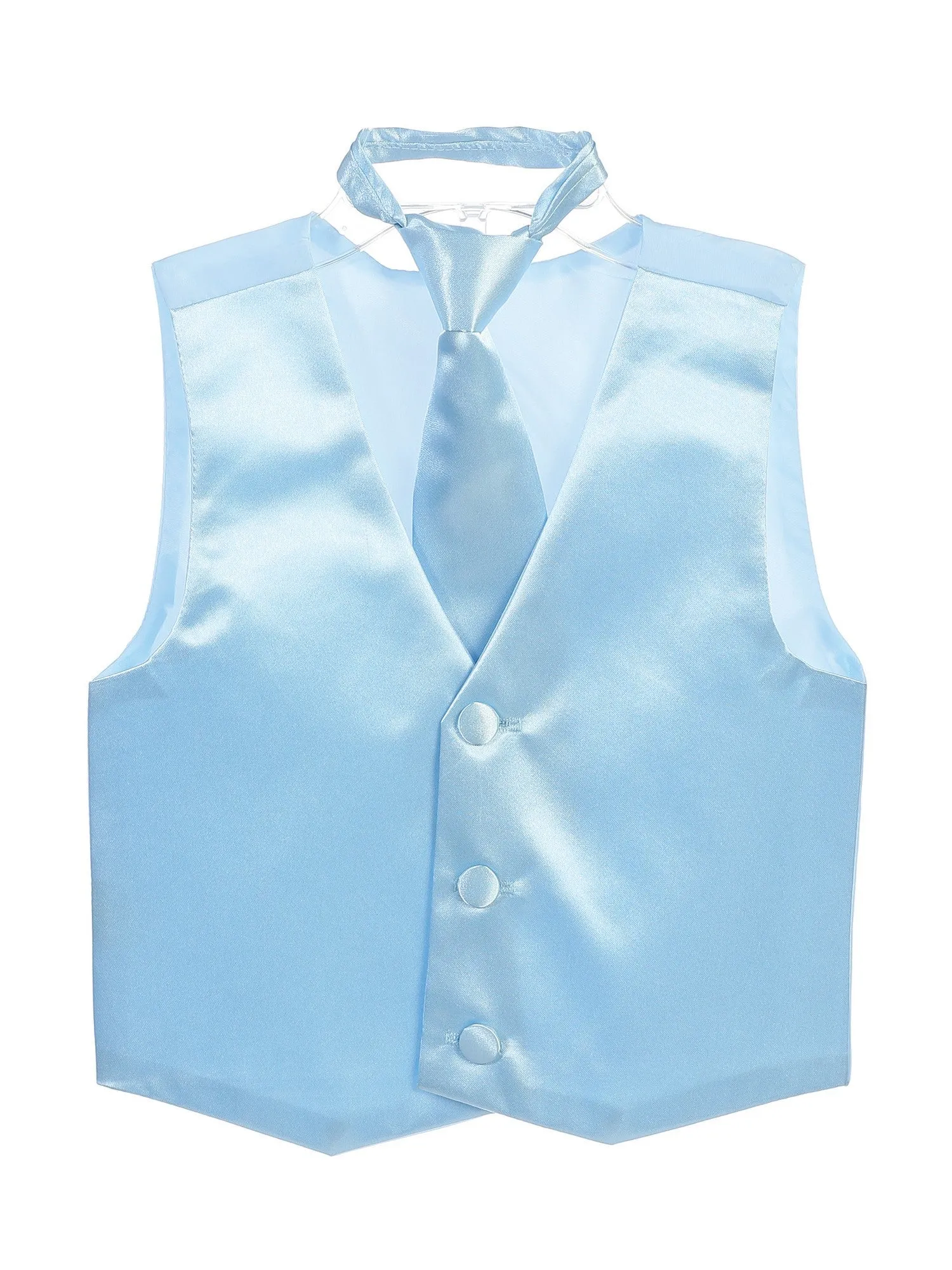 Little Boys Sky Blue Three Button Satin Vest Tie 2 Pc Set 2-6