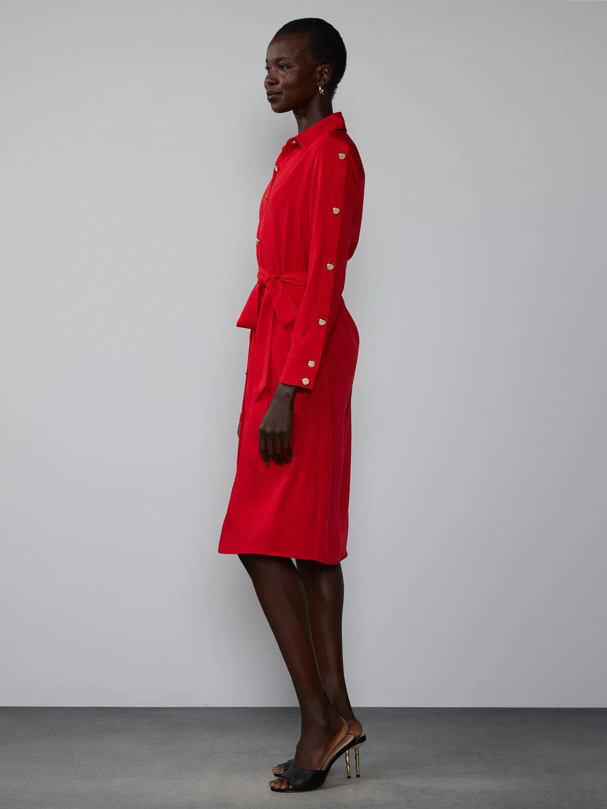 Long Sleeve Button Sleeve Detail Belted Shirt Dress