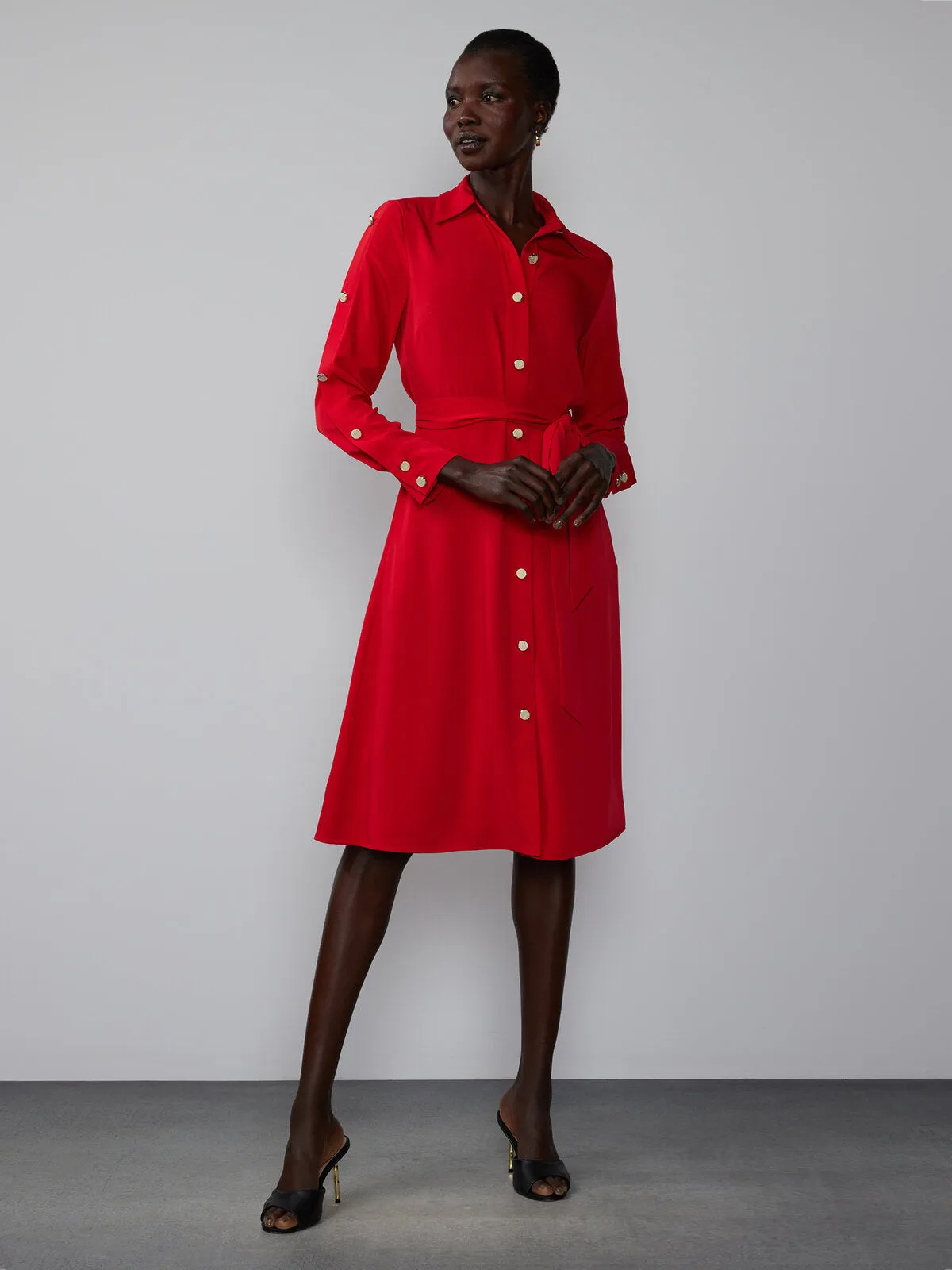 Long Sleeve Button Sleeve Detail Belted Shirt Dress