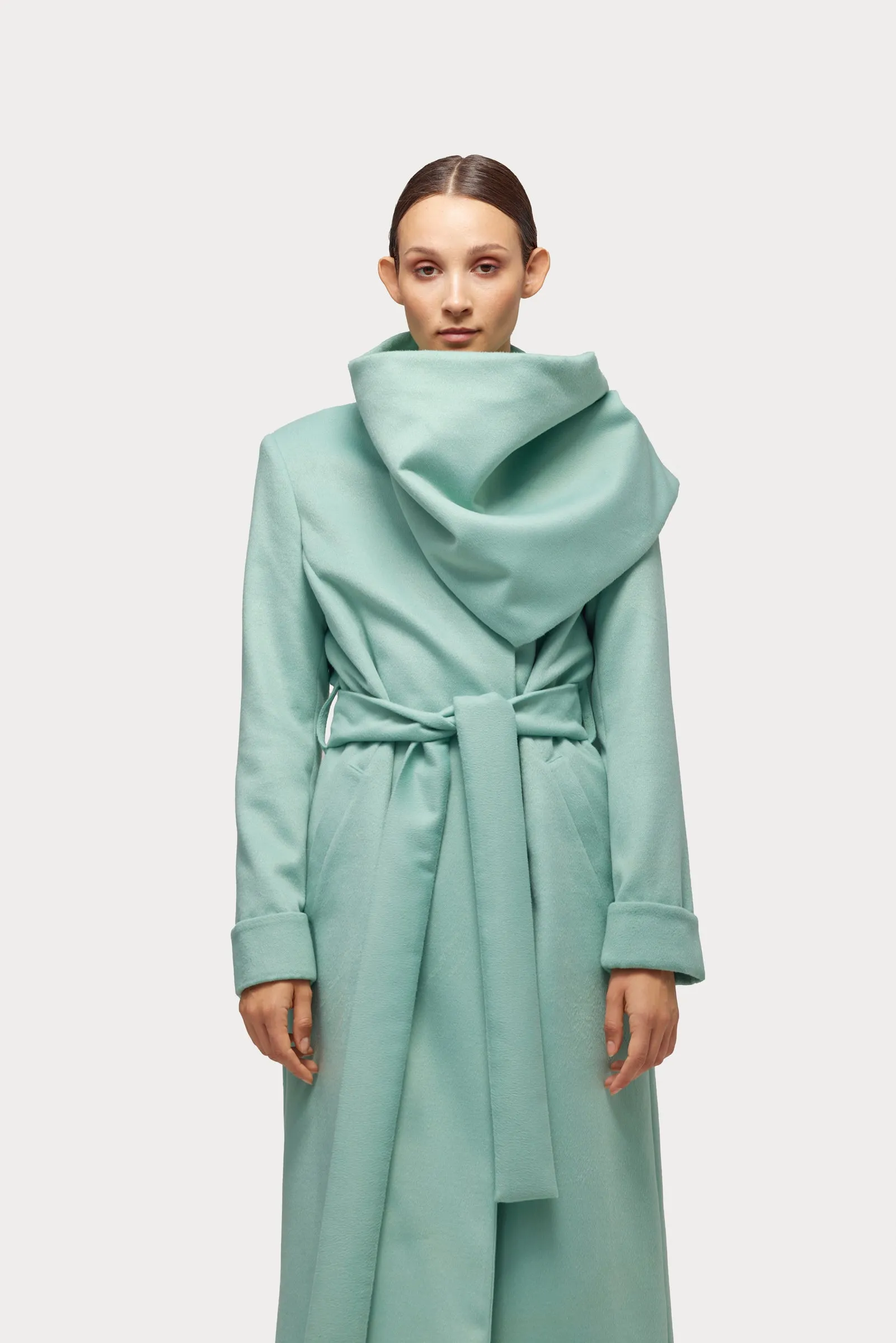 Long Wrap Coat With Drape Collar Mint