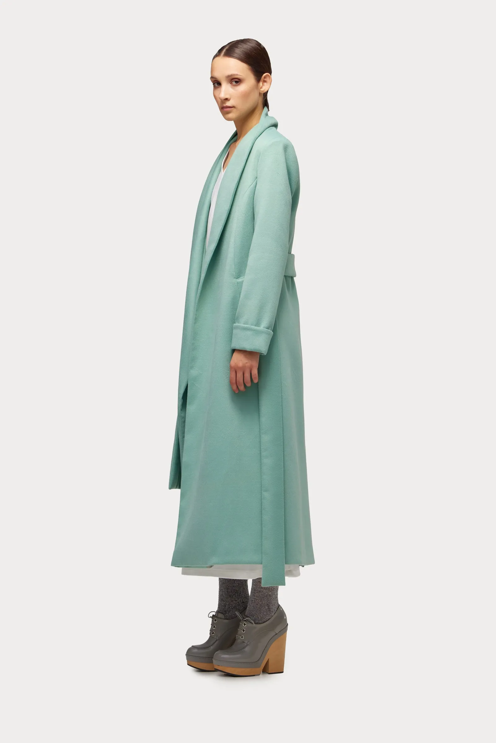 Long Wrap Coat With Drape Collar Mint