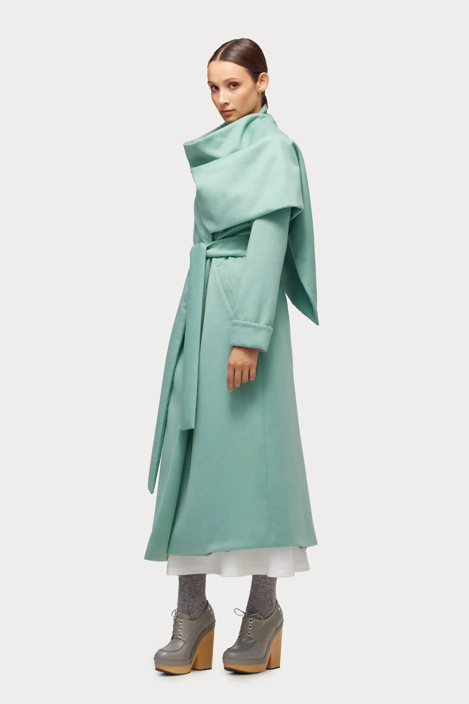 Long Wrap Coat With Drape Collar Mint