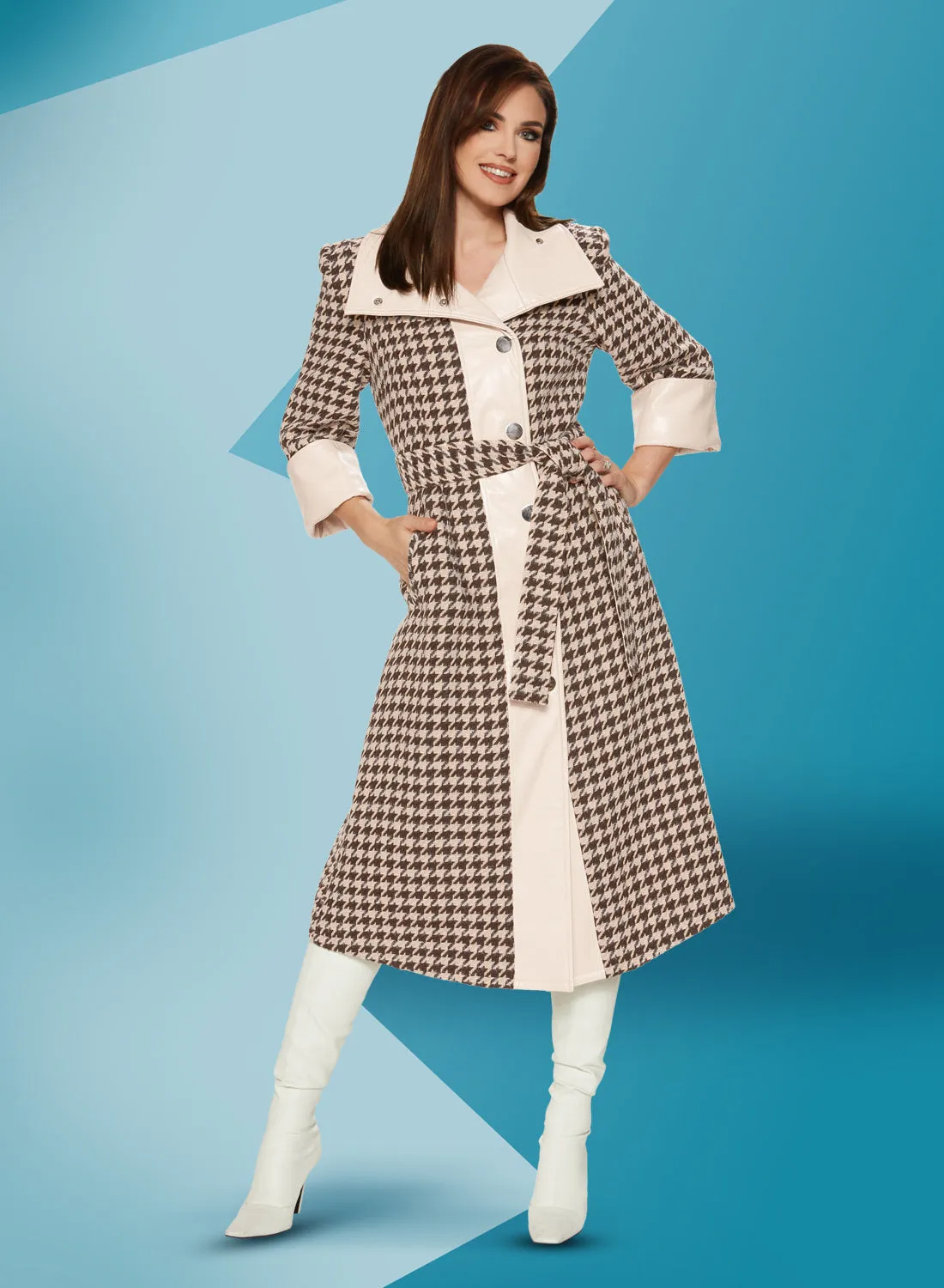 Love The Queen - 17503 - Houndstooth Faux Leather Trim Coat