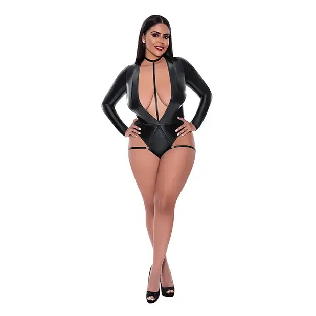 Magic Silk Liquid Onyx Long Sleeve Teddy with Harness Caging