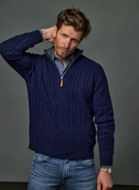 Men's Aalborg Cable Quarter Zip Cashmere Sweater in Navy