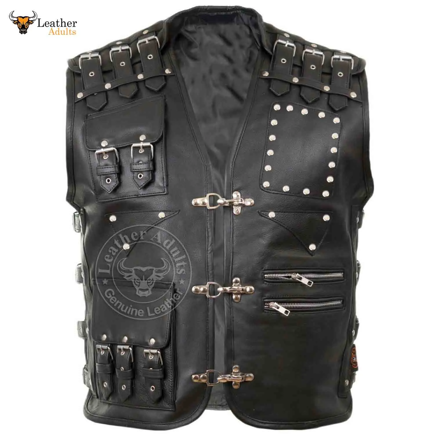 Mens Genuine Black Cowhide Leather Motorcycle Vest Club wear Biker Rider Motorbike Vest