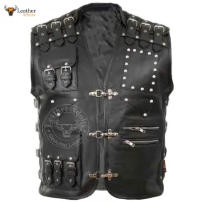 Mens Genuine Black Cowhide Leather Motorcycle Vest Club wear Biker Rider Motorbike Vest