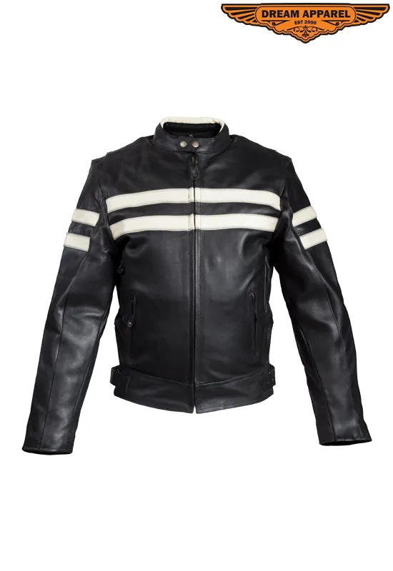 Mens Leather Jacket With Cream Stripes