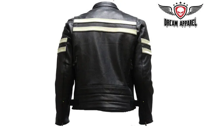 Mens Leather Jacket With Cream Stripes