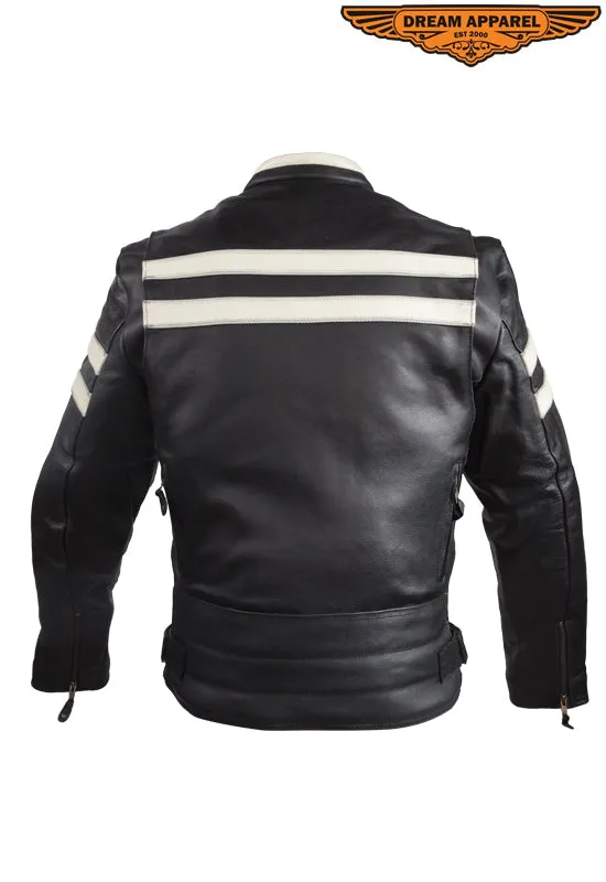 Mens Leather Jacket With Cream Stripes