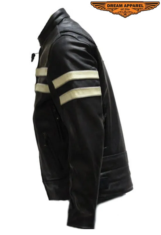 Mens Leather Jacket With Cream Stripes