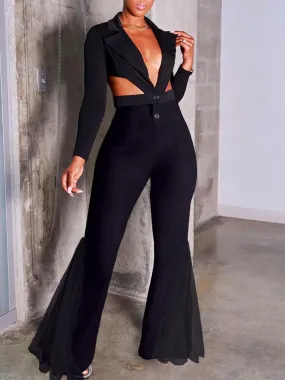 Mesh Solid Color High Waist Flare Pants