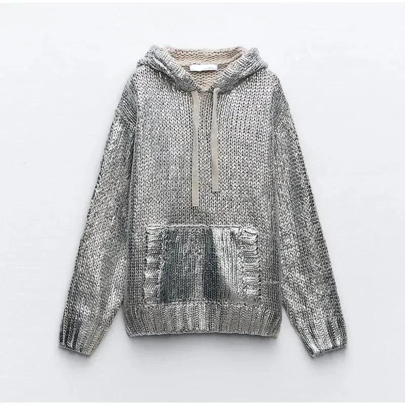 Metal Pattern Round Neck Hooded Sweatshirt