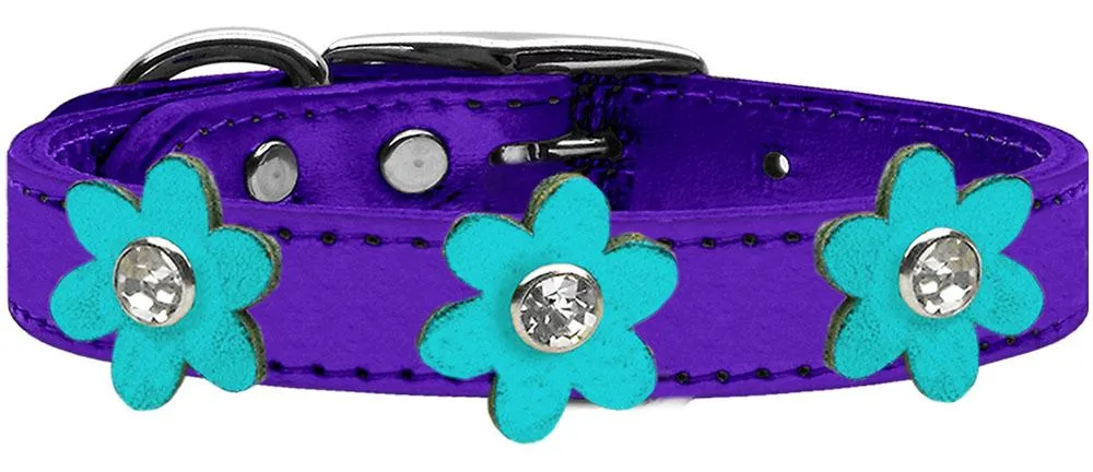 Metallic Flower Leather Collar Metallic Purple With Metallic Turquoise Flowers Size 16