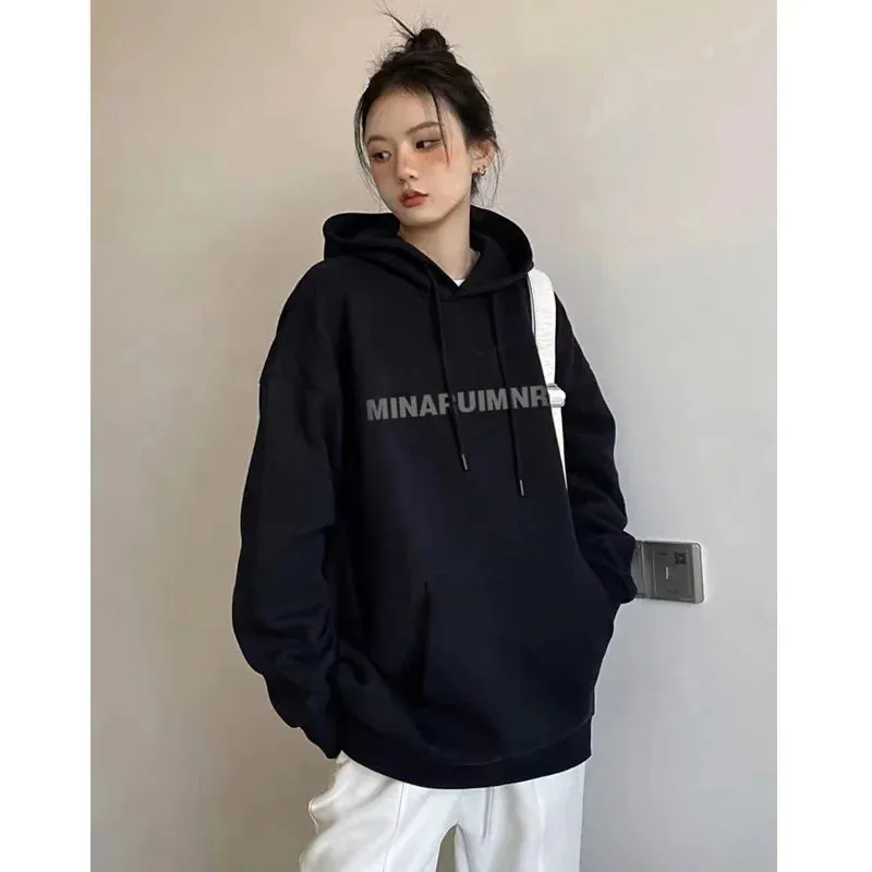 Metaversmall Hooded Black Letter Printed Fashion Female Hoodies Solid Color Sport Drawstring Chic Pockets Simple Women's Sweatshirts