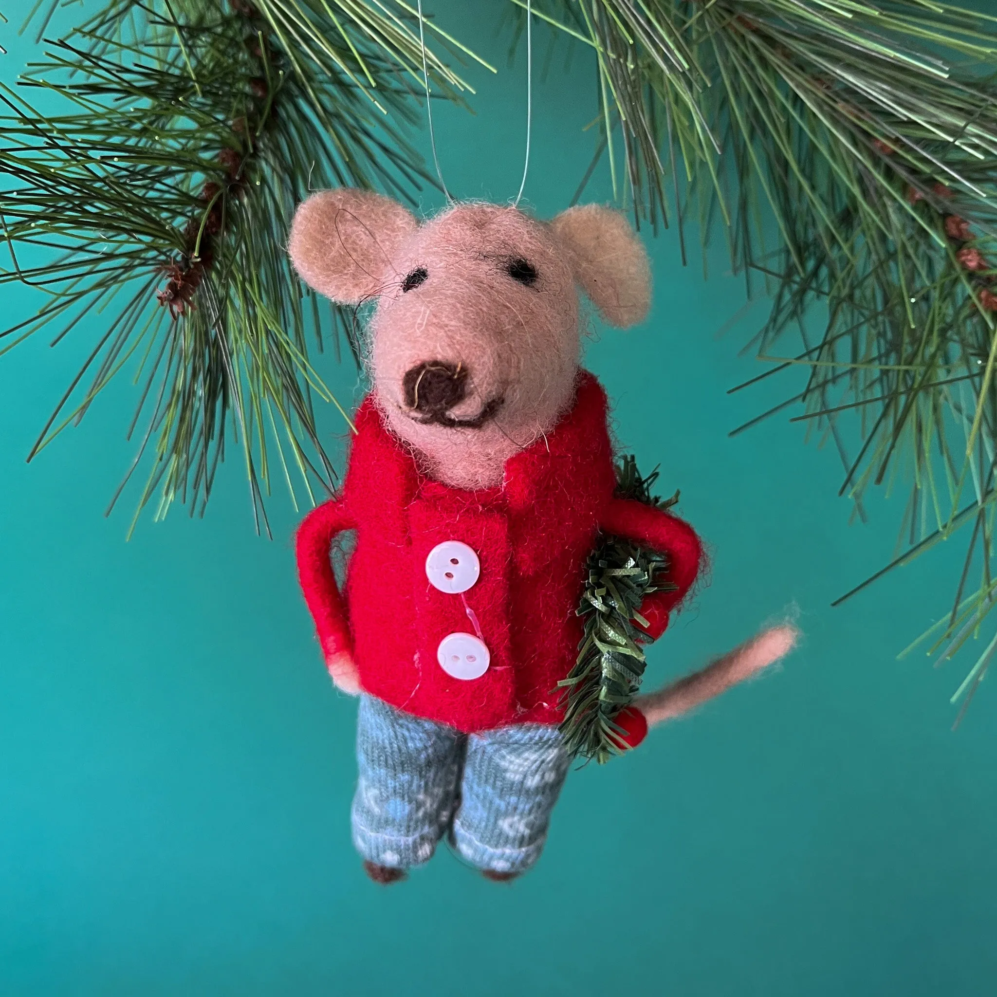 Mice in Red Jackets w/Wreath/Teddy Bear Felt Christmas Ornaments, Set of 2