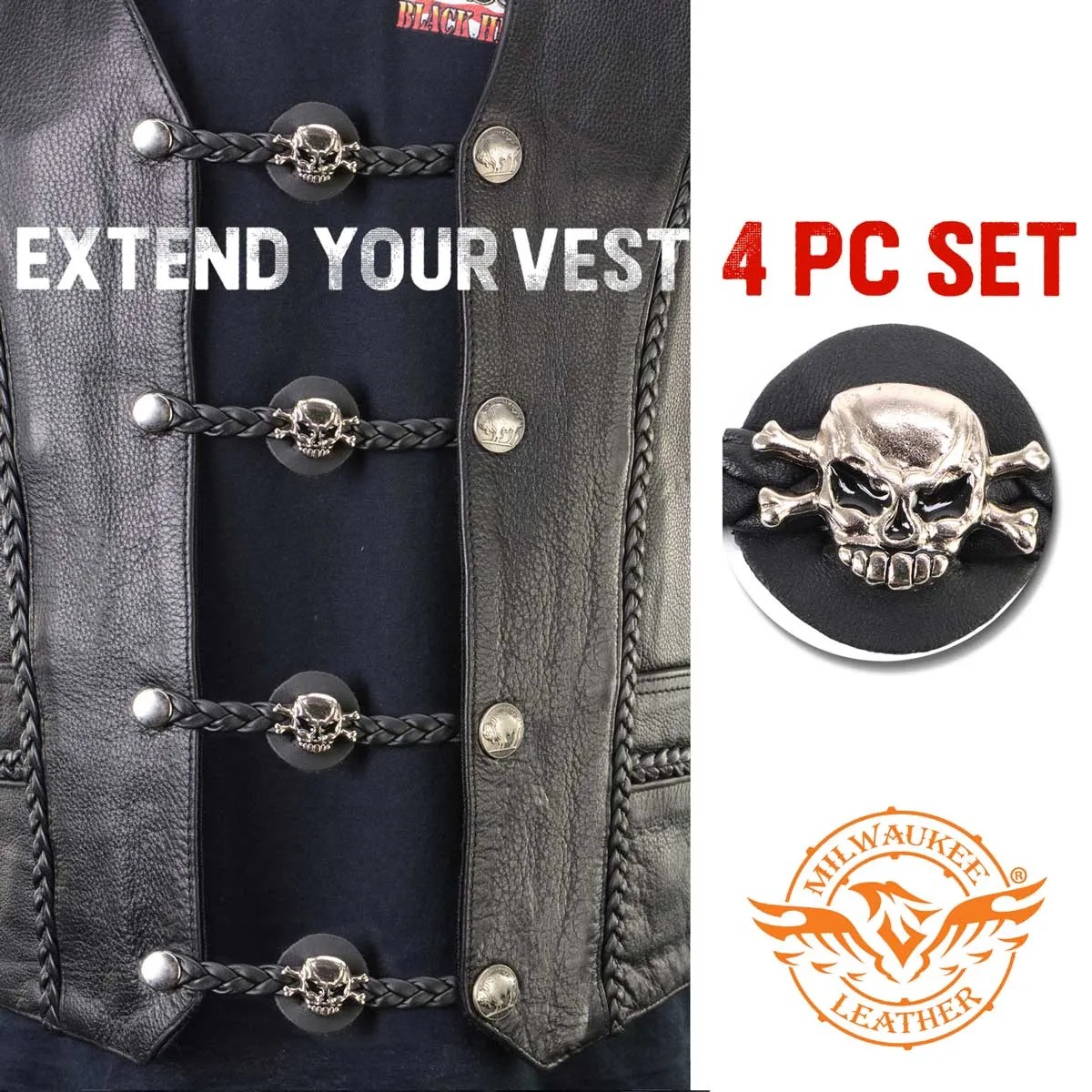 Milwaukee Leather MLA6061SET Skull and Cross Bones 4-PCS Vest Extender Double Chrome Chains w/ Genuine Braided Leather 4" Extension