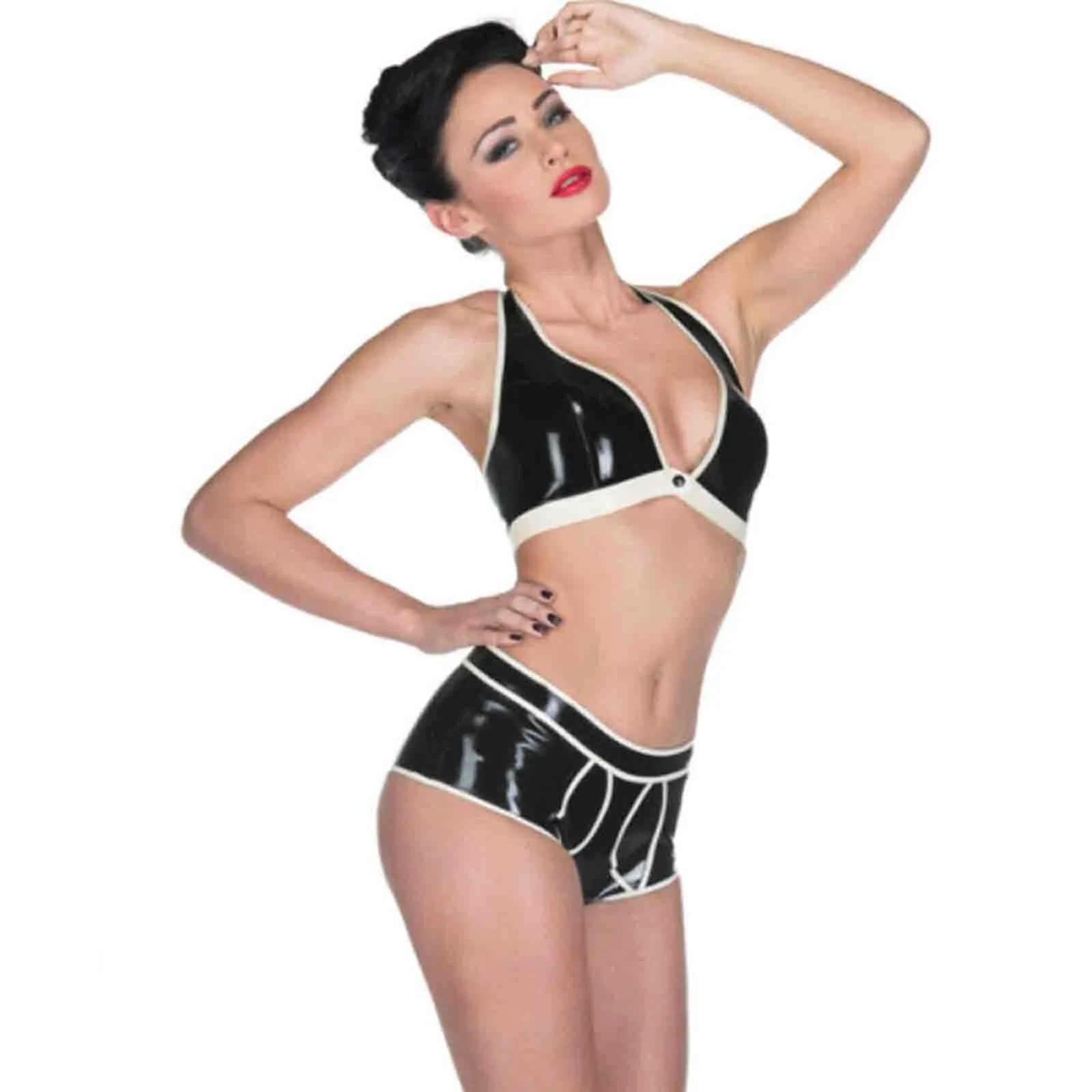 MONNIK Latex Lingerie set with white stripes sexy Tight Rubber Catsuit Clothing corset for fetish party club wear