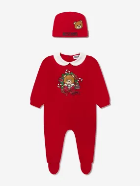 Moschino Baby Hat And Babygrow Gift Set in Red