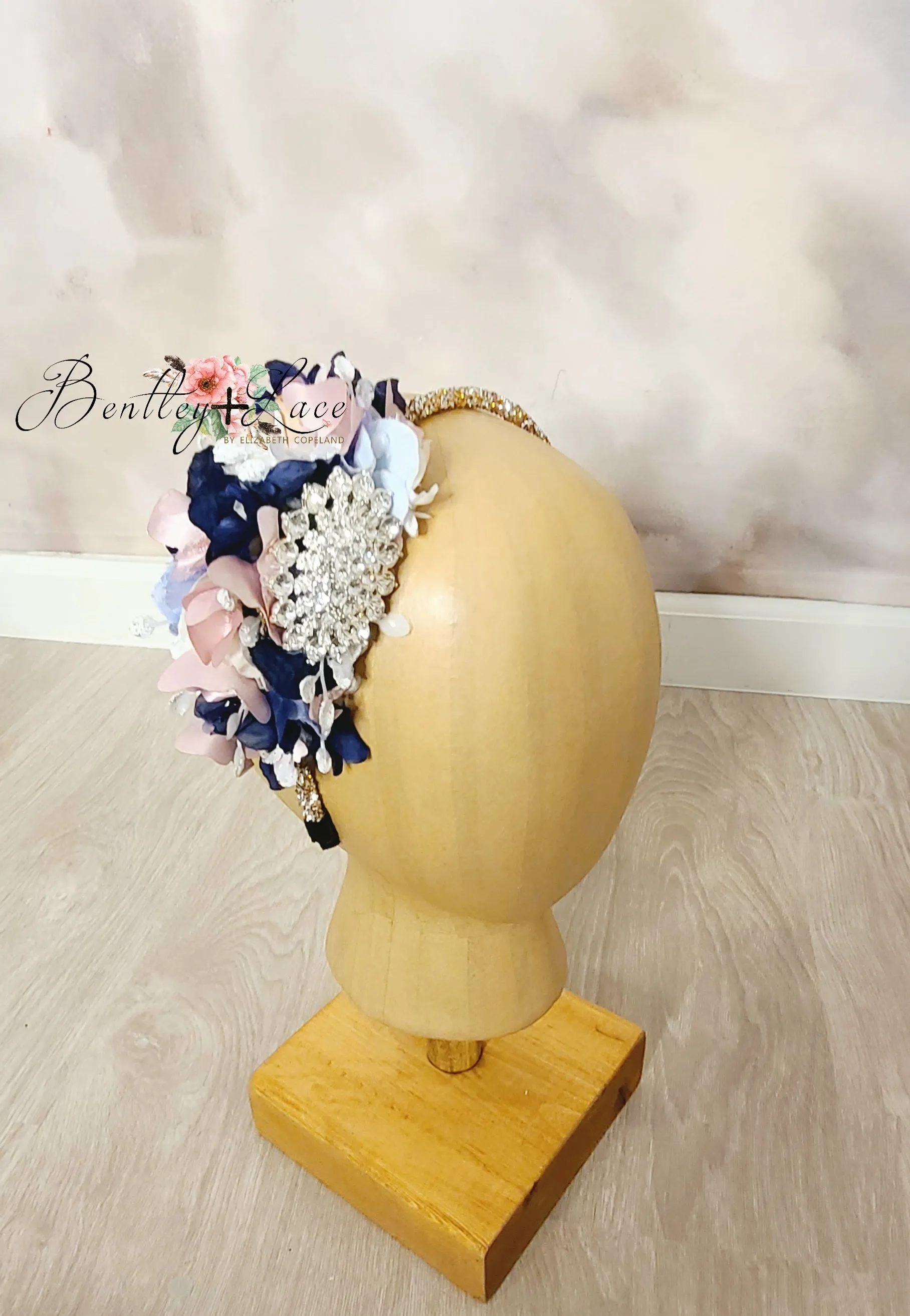 Navy & Pink rhinestone Floral Headband