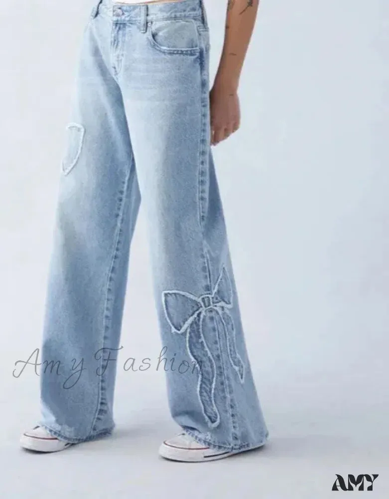 New Fashion Bow Embroidered Baggy Y2K Harajuku Vintage Popular Gothic High Waist Wide Leg Jean