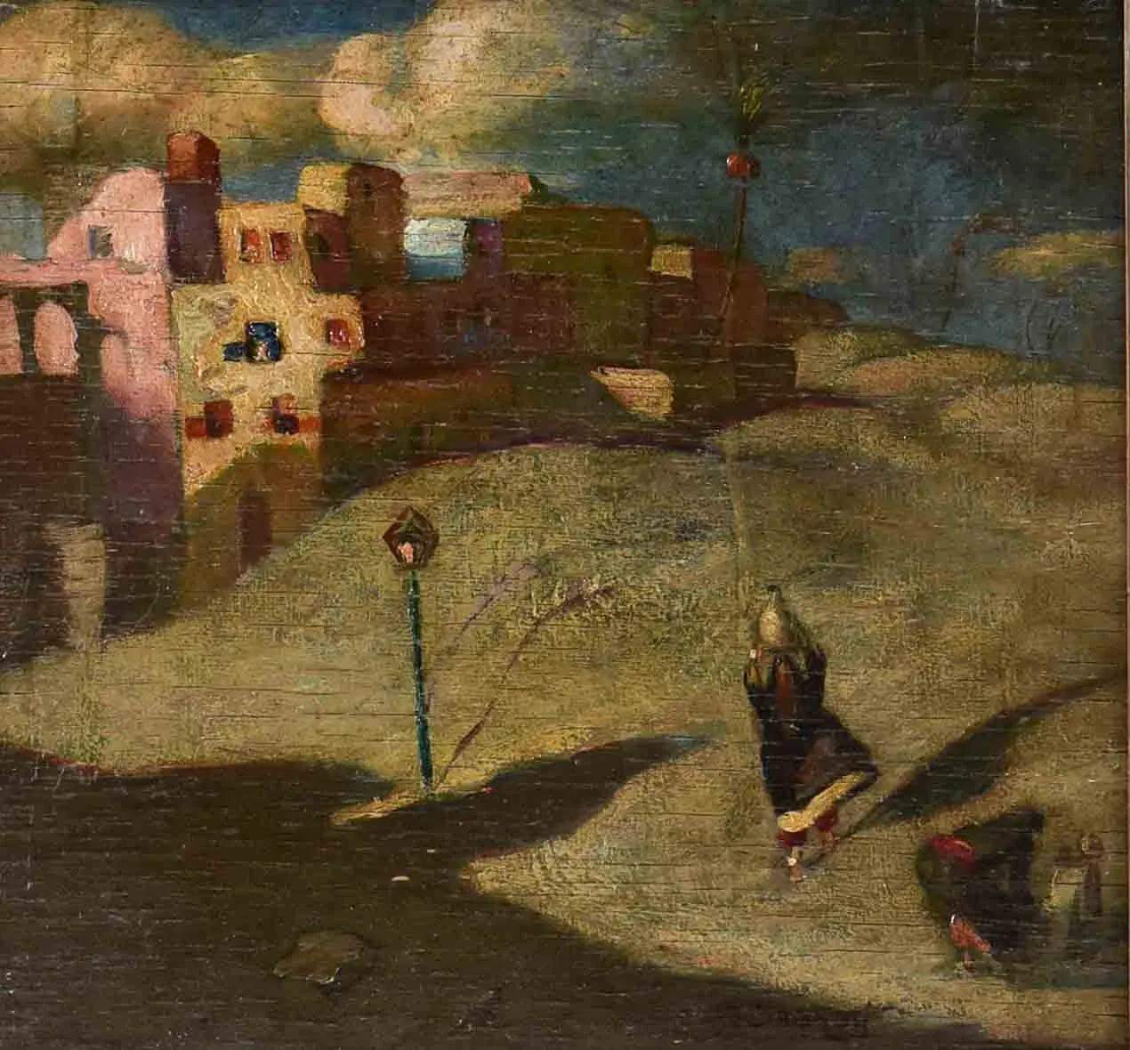 Orientalist painting of ladies fetching water - Sebagh? Circa 1930 - oil on wood 20" x 21¼"