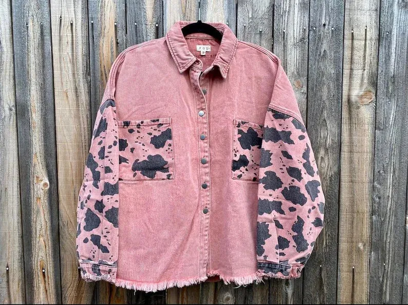 Oversized Denim Cow Print Sleeved Jacket