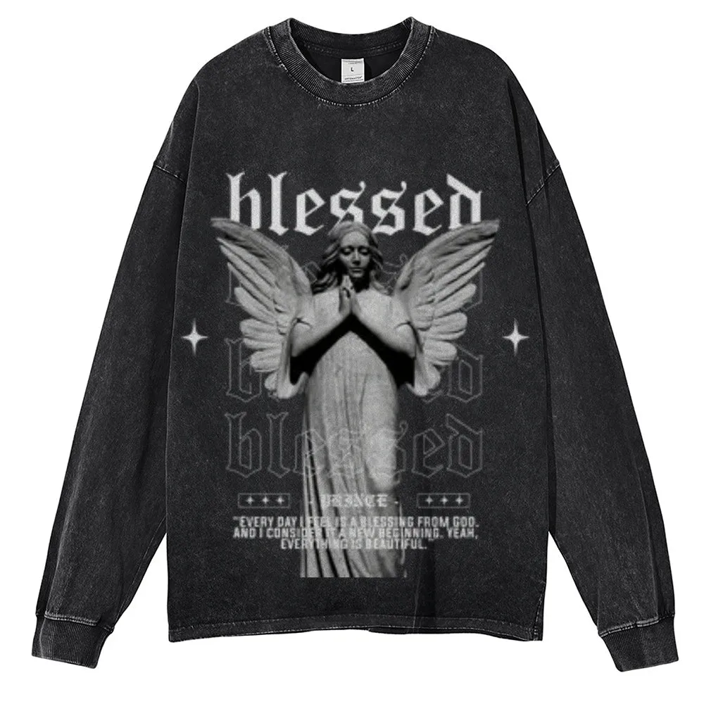 Oversized Vintage Washed Blessed Angel Graphic Sweatshirt