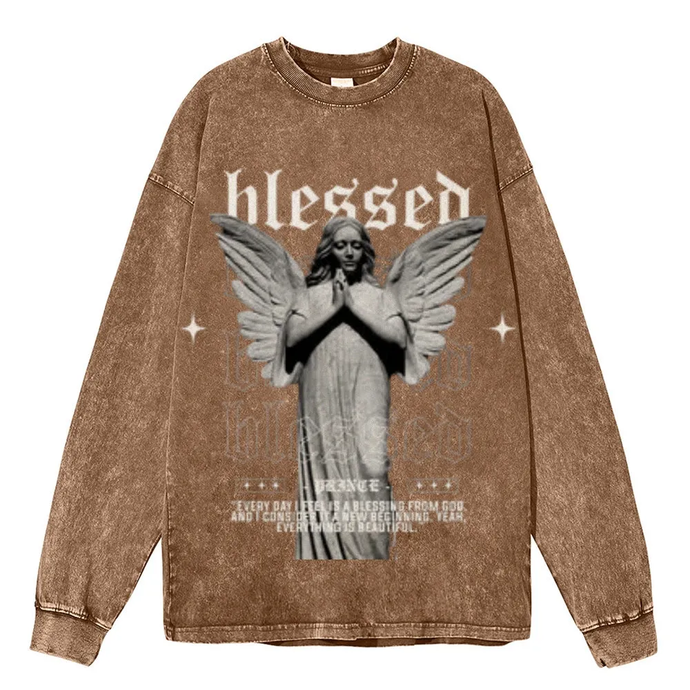 Oversized Vintage Washed Blessed Angel Graphic Sweatshirt