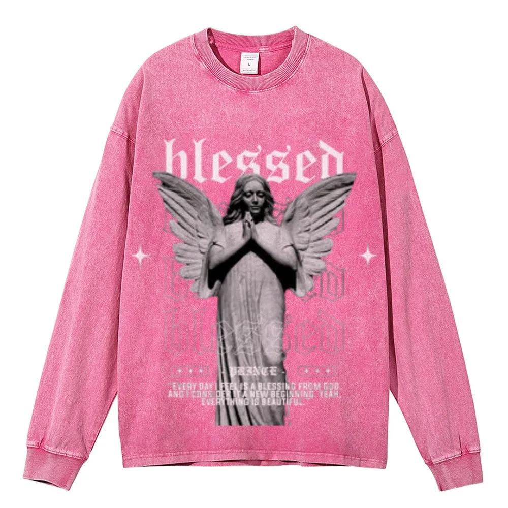 Oversized Vintage Washed Blessed Angel Graphic Sweatshirt