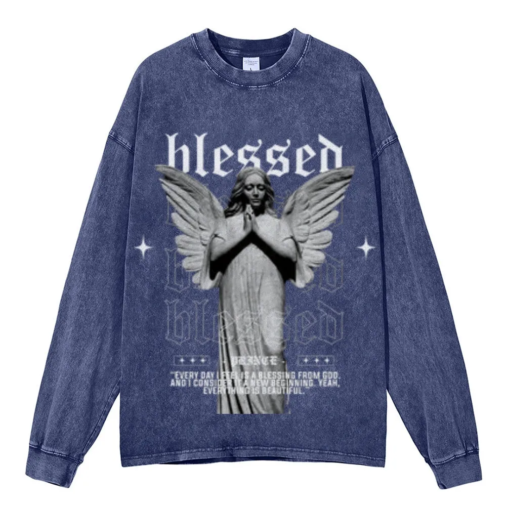 Oversized Vintage Washed Blessed Angel Graphic Sweatshirt