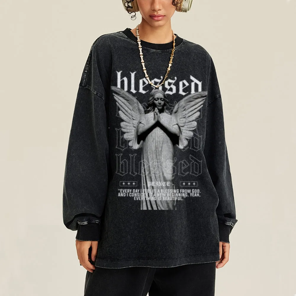 Oversized Vintage Washed Blessed Angel Graphic Sweatshirt