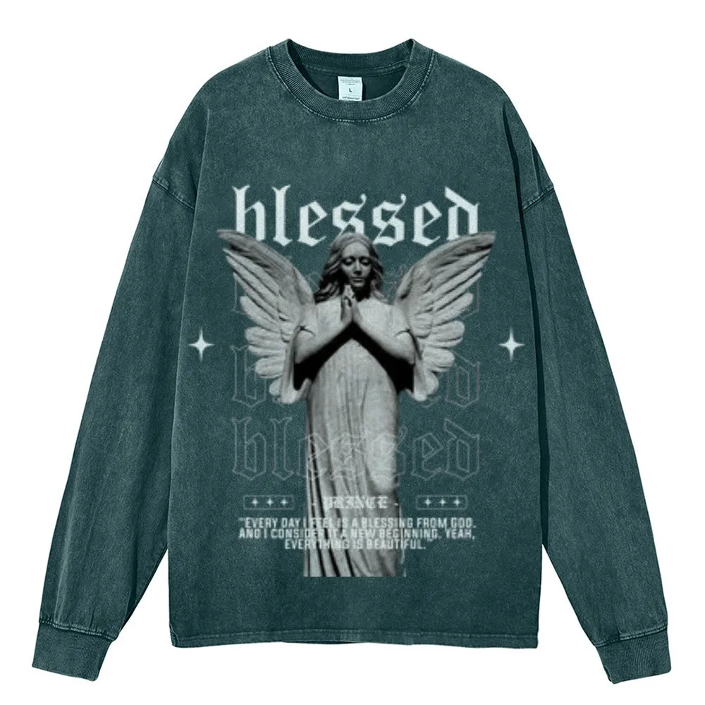 Oversized Vintage Washed Blessed Angel Graphic Sweatshirt