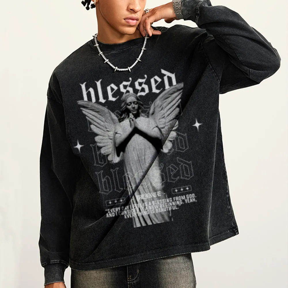 Oversized Vintage Washed Blessed Angel Graphic Sweatshirt