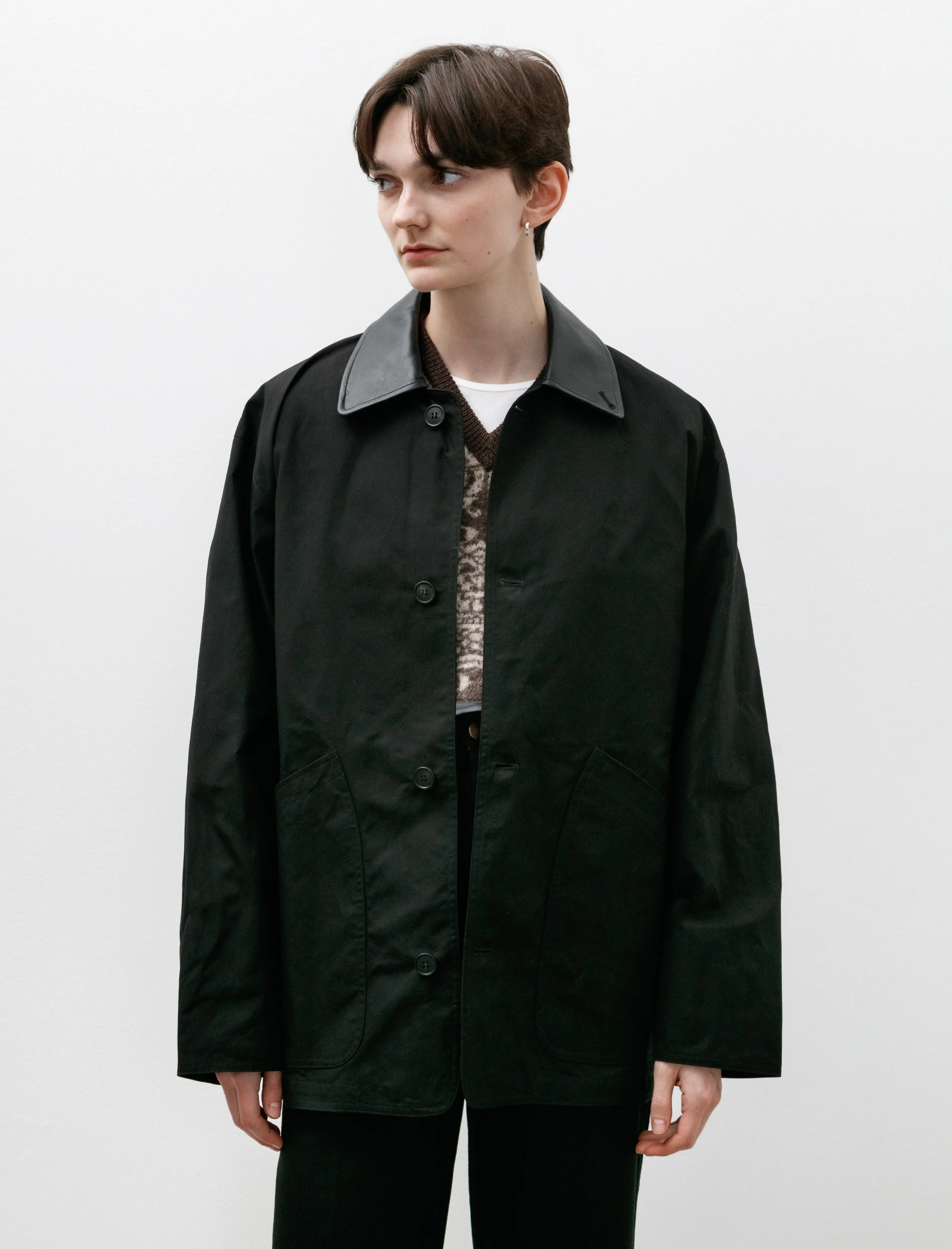 Oversized Water Repellant Blouson with Leather Patch Black