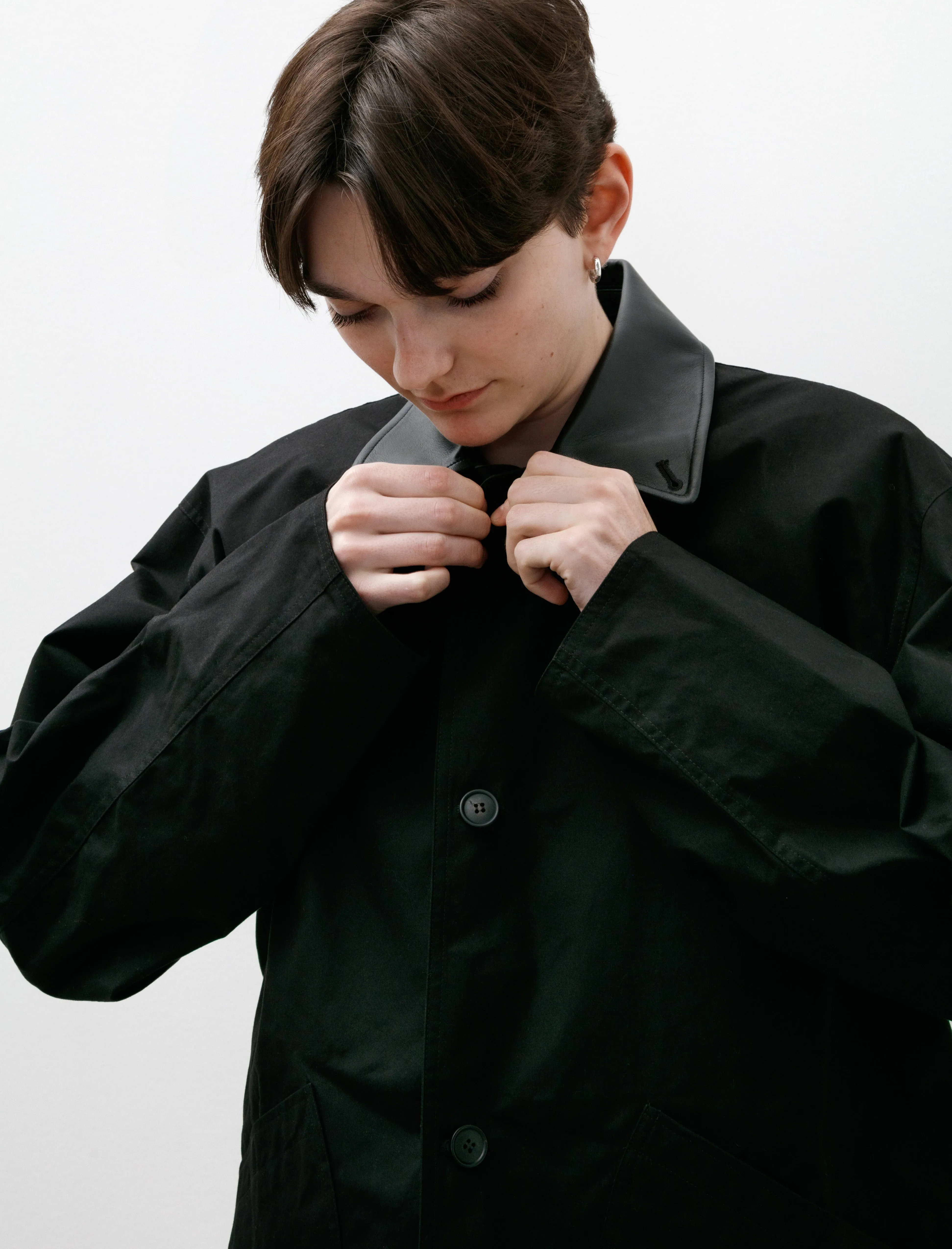 Oversized Water Repellant Blouson with Leather Patch Black