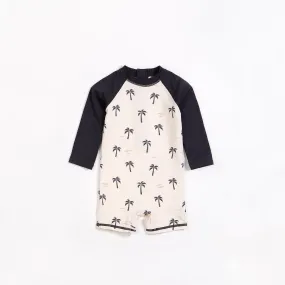 Petit Lem Palm Trees on Crème Long Sleeve Swim Romper