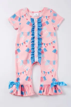 Pink Flag Print Ruffle Baby Romper