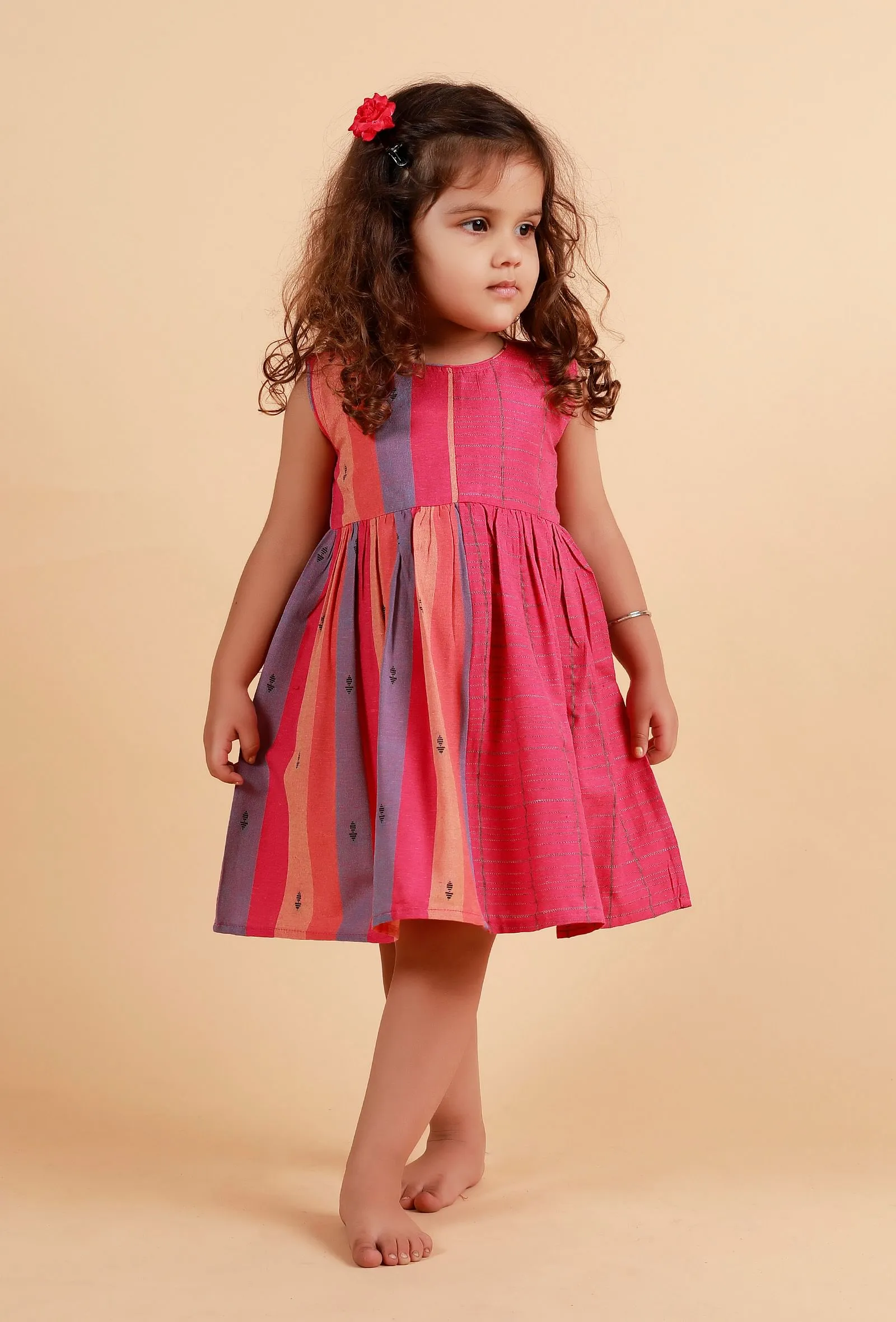 Pink Multicolor Stripe Flared Woven Dress