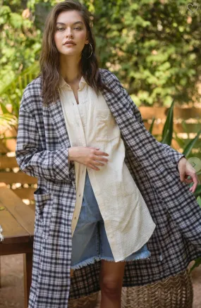 Plaid Oversized Long Coat - Black