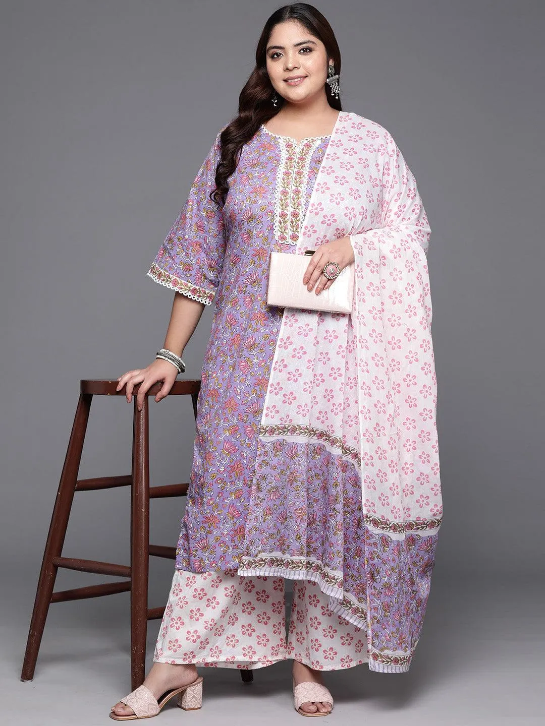 Plus Size Purple Printed Cotton Straight Suit With Dupatta