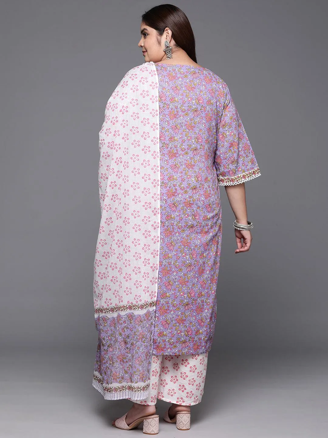 Plus Size Purple Printed Cotton Straight Suit With Dupatta