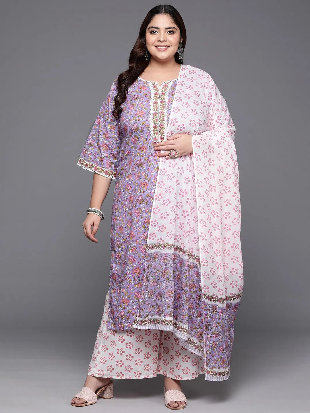 Plus Size Purple Printed Cotton Straight Suit With Dupatta